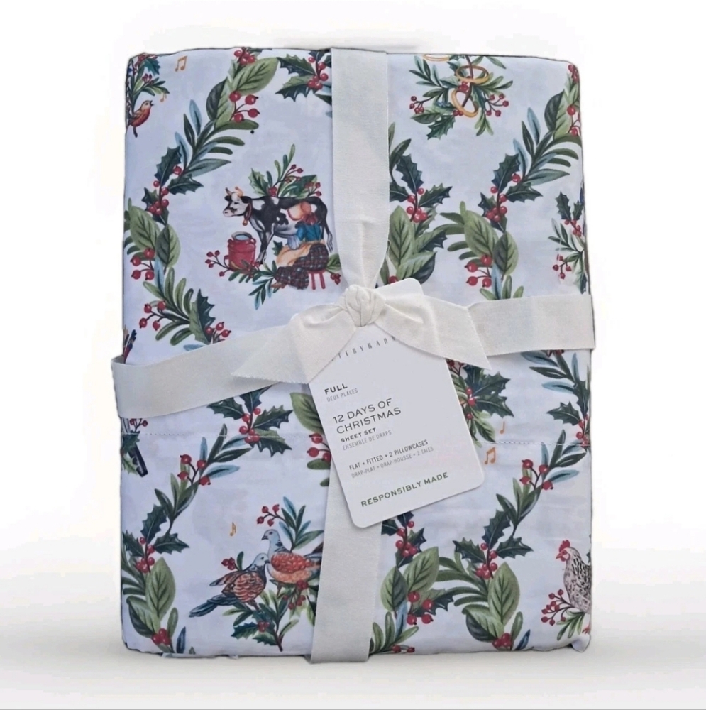 Pottery Barn Kids 12 Days of Christmas Full Sheet Set Holiday Birds Floral NEW